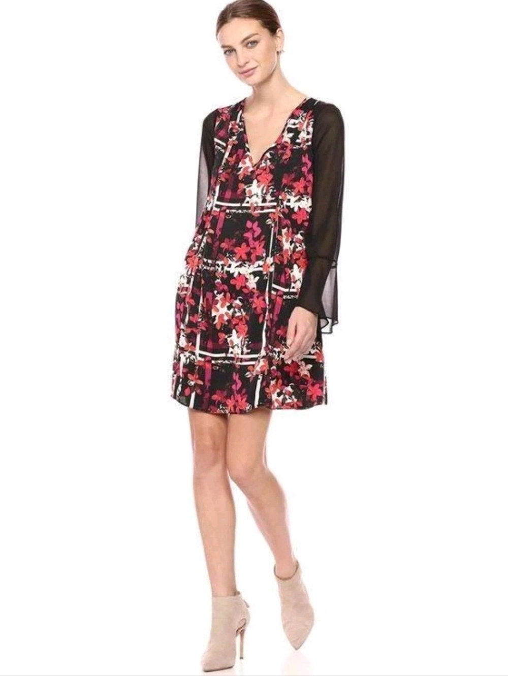 NWT BCBGeneration Bow Back Flare Sleeve Black And Red Floral Women's Small NEW!
